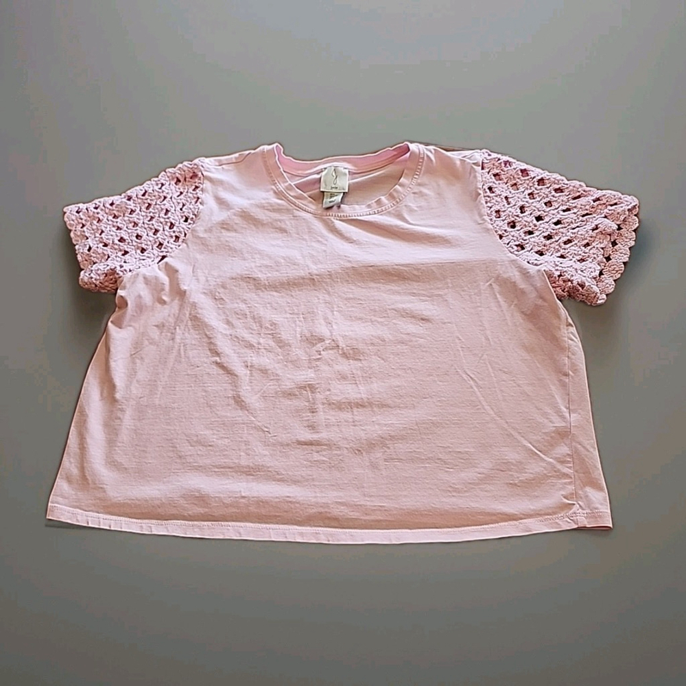 Joie Pink Crocheted Short Sleeve Top Size Large 100% Cotton B2